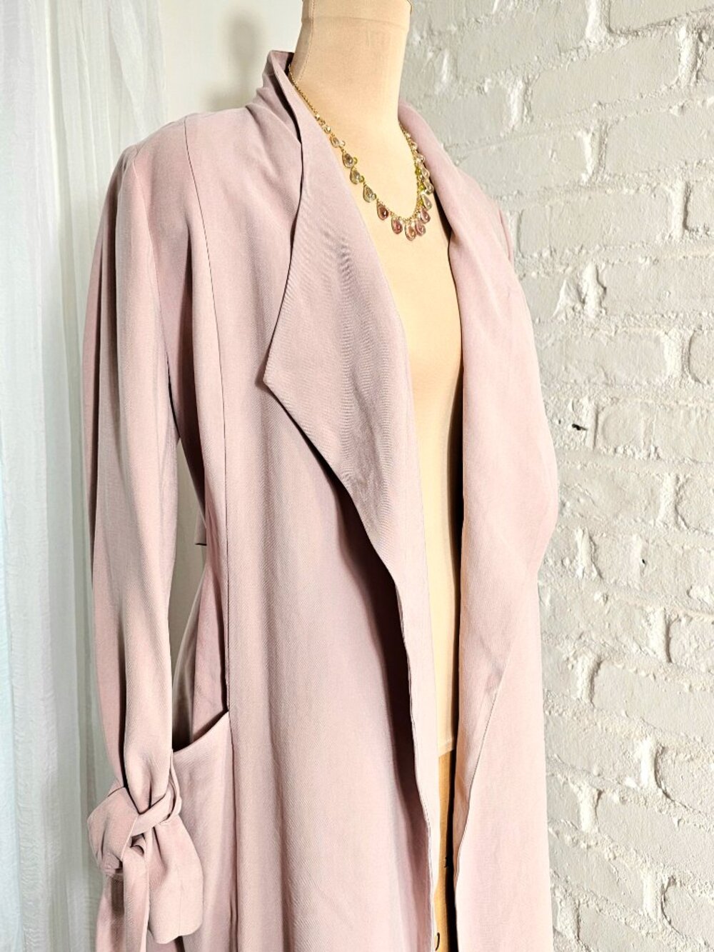 Express Blush Drape Trench Coat Size M Tie Waist Lightweight Open Front Jacket - Picture 3 of 11